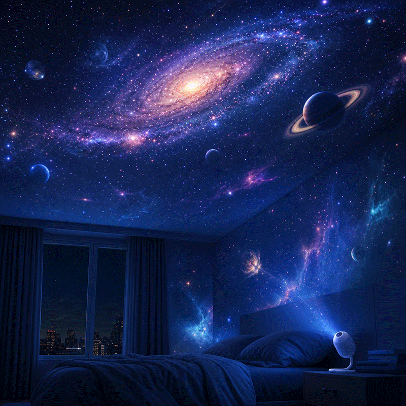 Galaxieprojektion über einem Bett