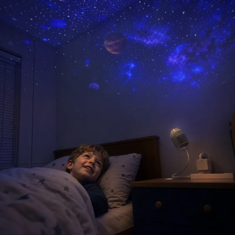 Kind betrachtet Sternenlicht an der Decke