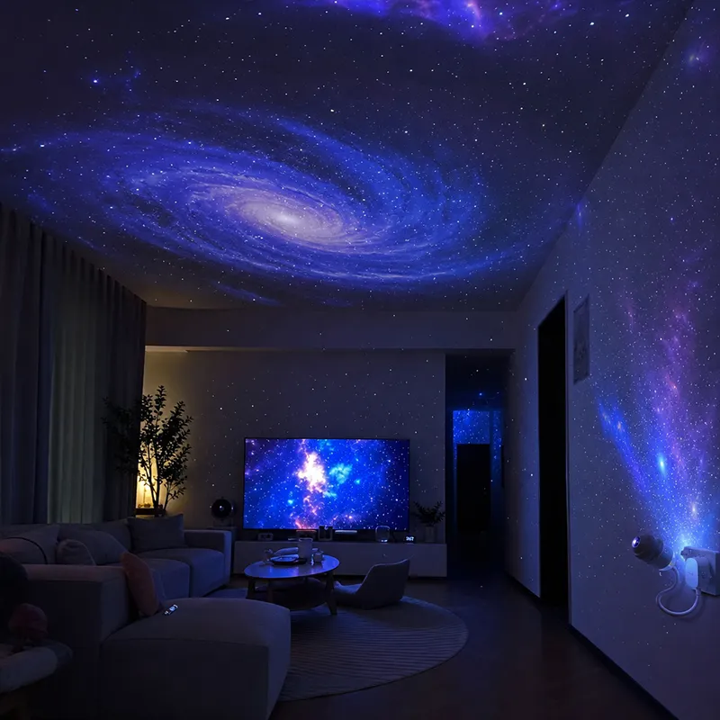 Wohnzimmer mit blauer Galaxieprojektion